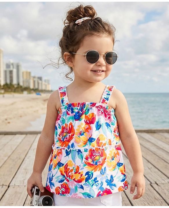 Babyhug Cotton Knit Sleeveless Top With Floral Print - Multicolor