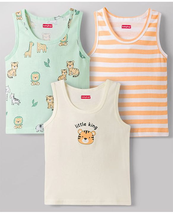 Babyhug 100% Cotton Knit Sleeveless Sando Vests with Tiger Print Pack of 3 - Multicolor