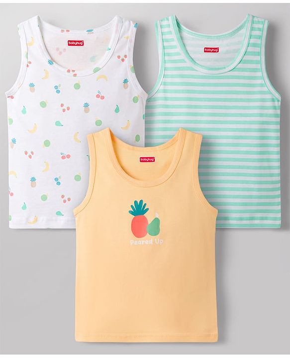 Babyhug 100% Cotton Knit Sleeveless Sando Vests with Fruit Print Pack of 3 - Multicolor