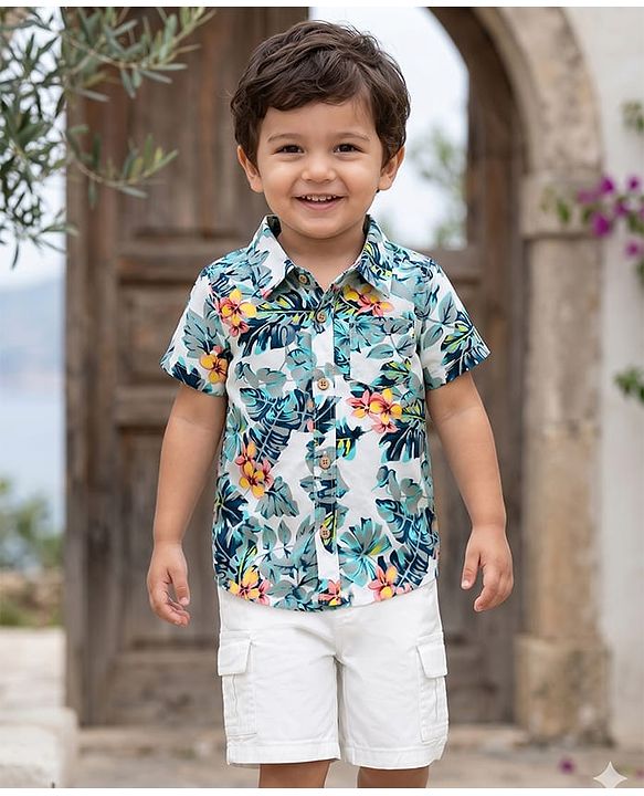 Babyhug Cotton Woven Half Sleeves Floral Printed Shirt & Cargo Shorts Set - Multicolor