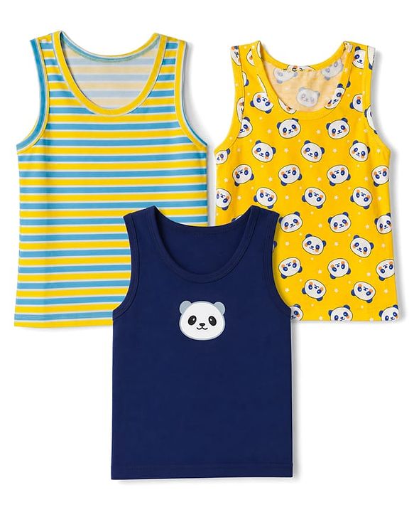 Babyhug 100% Cotton Single Jersey Knit Sleeveless Striped Sando With Panda & Star Print Pack of 3 - Blue, Yellow, Green