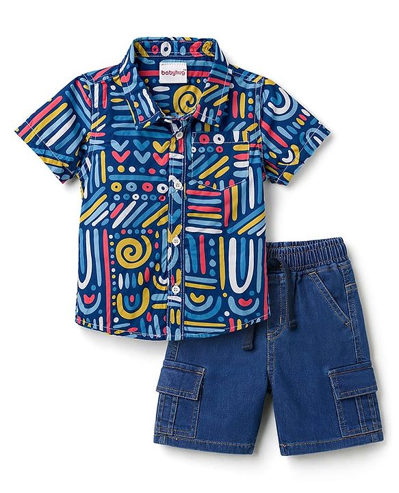 Babyhug Cotton Woven Half Sleeves Printed Shirt & Denim Shorts - Multicolor