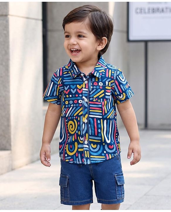 Babyhug Cotton Woven Half Sleeves Printed Shirt & Denim Shorts - Multicolor