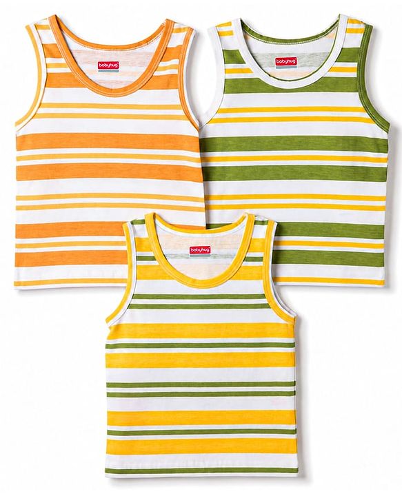 Babyhug 100% Cotton Knit Sleeveless Striped Sando Vests Pack Of 3 - Multicolor