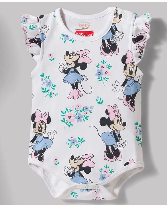 Babyhug Disney Interlock Knit Frill Sleeves Onesies with Minnie Mouse Graphic Pack of 2 - White & Green
