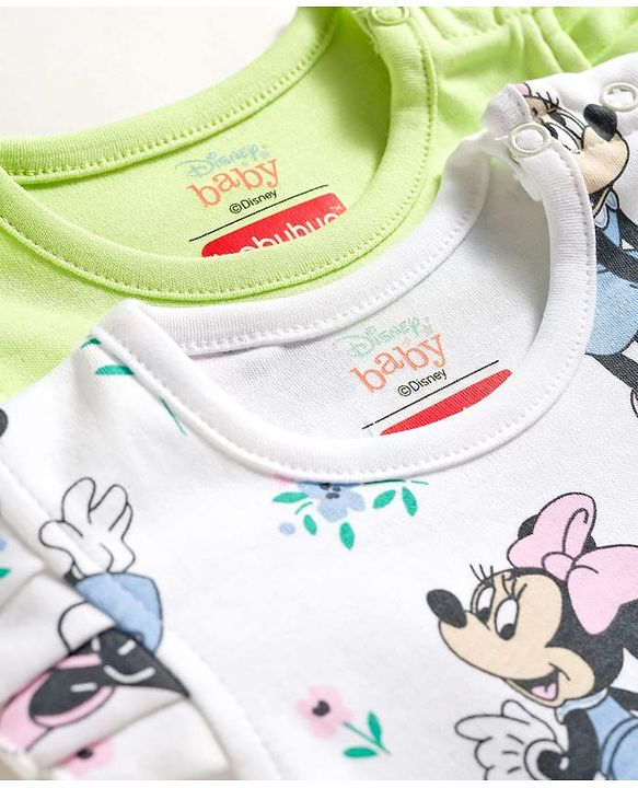 Babyhug Disney Interlock Knit Frill Sleeves Onesies with Minnie Mouse Graphic Pack of 2 - White & Green