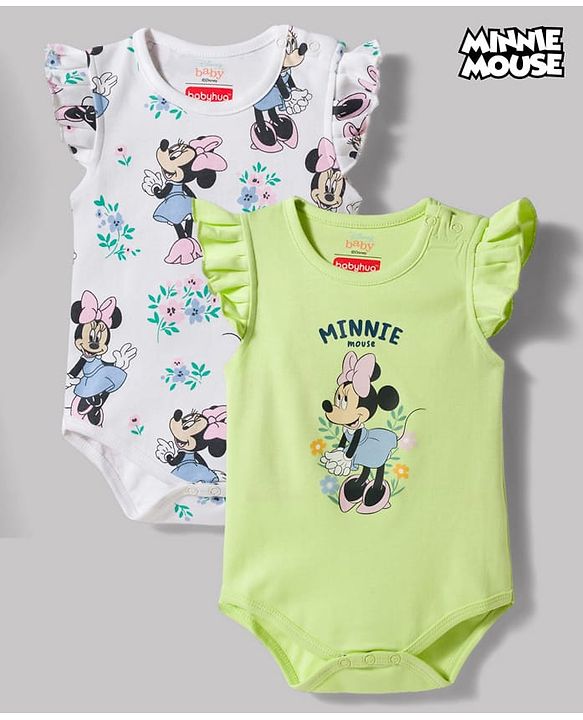 Babyhug Disney Interlock Knit Frill Sleeves Onesies with Minnie Mouse Graphic Pack of 2 - White & Green