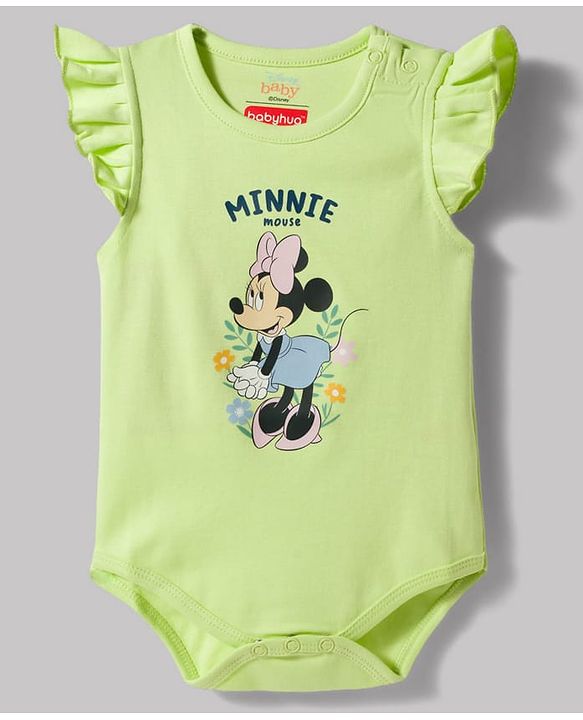 Babyhug Disney Interlock Knit Frill Sleeves Onesies with Minnie Mouse Graphic Pack of 2 - White & Green