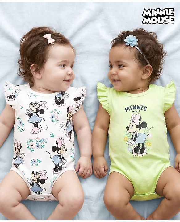 Babyhug Disney Interlock Knit Frill Sleeves Onesies with Minnie Mouse Graphic Pack of 2 - White & Green