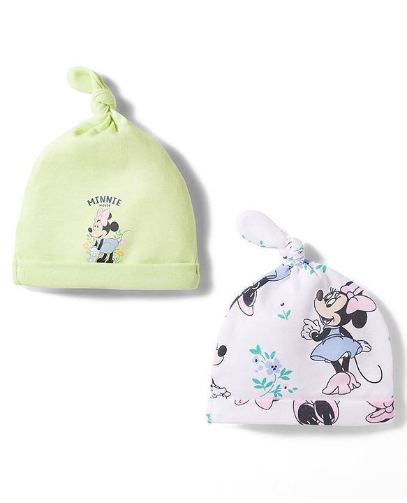 Babyhug Disney Interlock Knit  Pony Caps With Minnie Mouse Print Pack of 2 Multicolor - Diameter 16 cm