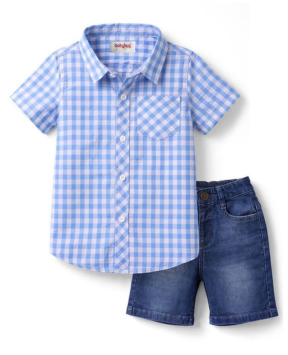 Babyhug Cotton Woven Half Sleeves Checks Shirt & Denim Shorts Set - Blue