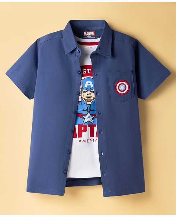 Pine Kids Marvel 100% Cotton Knit Half Sleeves Shirt & T-Shirt With Avengers Graphics - Multicolour