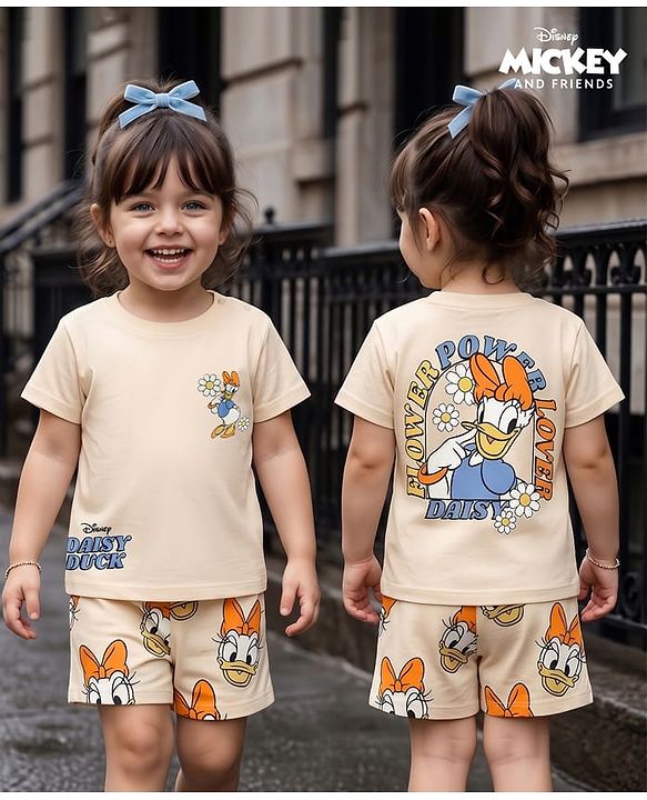 Babyhug Disney Single Jersey Knit Half Sleeves T-Shirt & Shorts Set With Daisy Duck Graphics - Multicolor