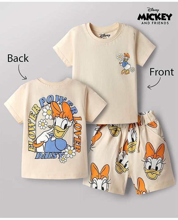 Babyhug Disney Single Jersey Knit Half Sleeves T-Shirt & Shorts Set With Daisy Duck Graphics - Multicolor