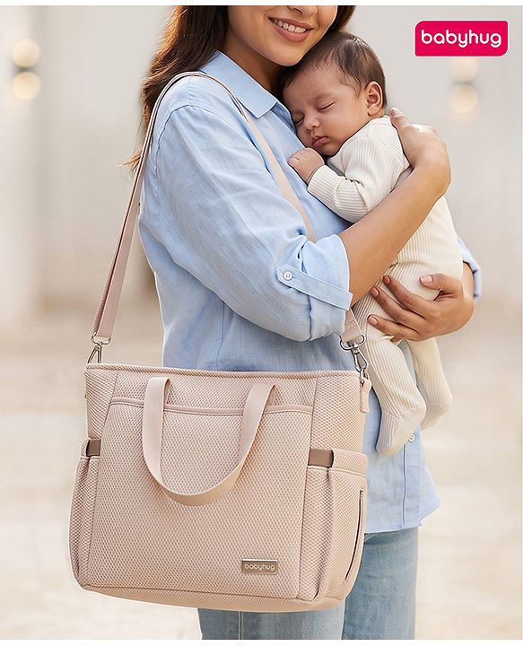Babyhug EliteCare Premium 2 in 1 Diaper Bag with Diaper Changing Mat - Beige| Insulated Bottle Pocket| Spacious Storage Compartments| Quick-Access Front & Side Pockets| Convertible Handbag & Sling Bag