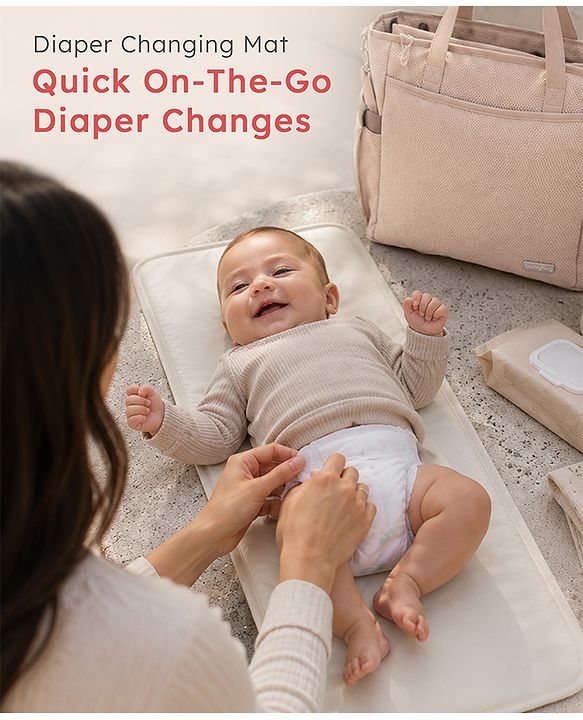 Babyhug EliteCare Premium 2 in 1 Diaper Bag with Diaper Changing Mat - Beige| Insulated Bottle Pocket| Spacious Storage Compartments| Quick-Access Front & Side Pockets| Convertible Handbag & Sling Bag