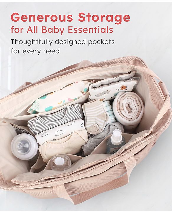 Babyhug EliteCare Premium 2 in 1 Diaper Bag with Diaper Changing Mat - Beige| Insulated Bottle Pocket| Spacious Storage Compartments| Quick-Access Front & Side Pockets| Convertible Handbag & Sling Bag