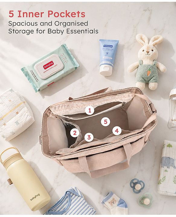 Babyhug EliteCare Premium 2 in 1 Diaper Bag with Diaper Changing Mat - Beige| Insulated Bottle Pocket| Spacious Storage Compartments| Quick-Access Front & Side Pockets| Convertible Handbag & Sling Bag