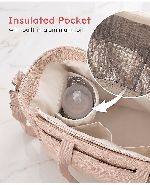 Babyhug EliteCare Premium 2 in 1 Diaper Bag with Diaper Changing Mat - Beige| Insulated Bottle Pocket| Spacious Storage Compartments| Quick-Access Front & Side Pockets| Convertible Handbag & Sling Bag