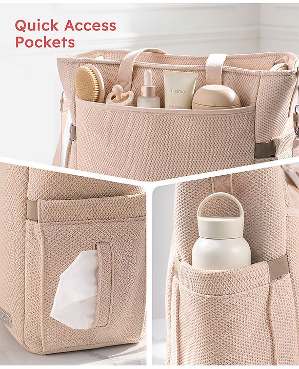 Babyhug EliteCare Premium 2 in 1 Diaper Bag with Diaper Changing Mat - Beige| Insulated Bottle Pocket| Spacious Storage Compartments| Quick-Access Front & Side Pockets| Convertible Handbag & Sling Bag