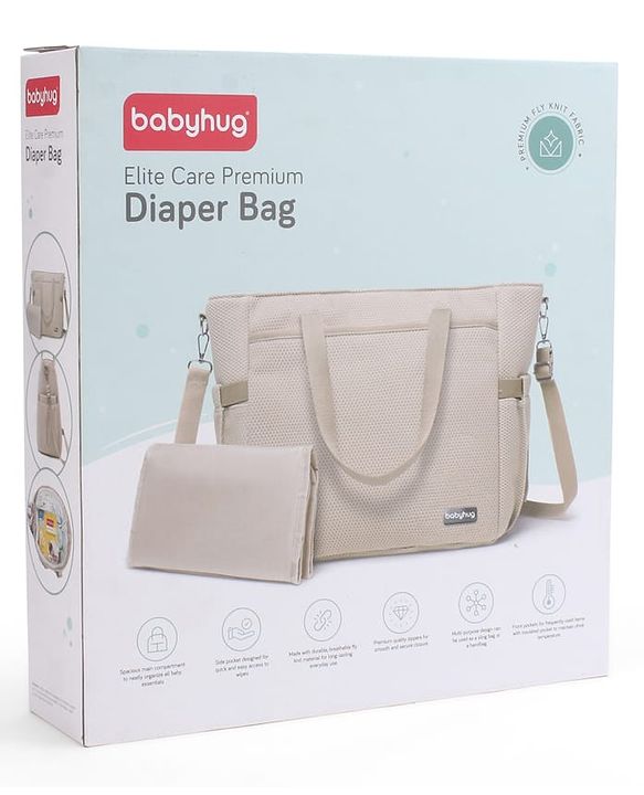 Babyhug EliteCare Premium 2 in 1 Diaper Bag with Diaper Changing Mat - Beige| Insulated Bottle Pocket| Spacious Storage Compartments| Quick-Access Front & Side Pockets| Convertible Handbag & Sling Bag