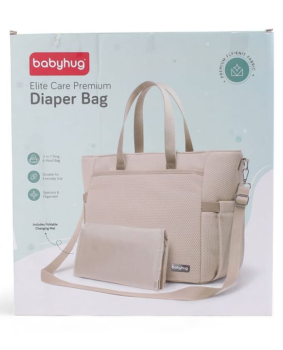 Babyhug EliteCare Premium 2 in 1 Diaper Bag with Diaper Changing Mat - Beige| Insulated Bottle Pocket| Spacious Storage Compartments| Quick-Access Front & Side Pockets| Convertible Handbag & Sling Bag