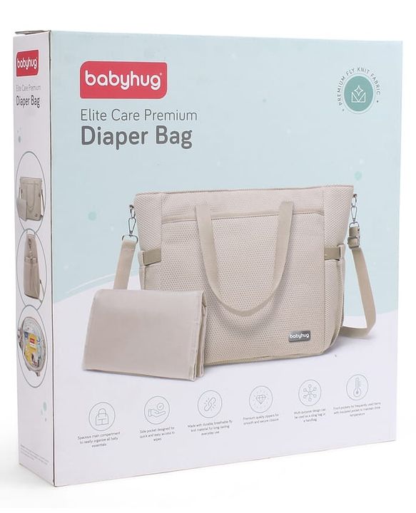 Babyhug EliteCare Premium 2 in 1 Diaper Bag with Diaper Changing Mat - Beige| Insulated Bottle Pocket| Spacious Storage Compartments| Quick-Access Front & Side Pockets| Convertible Handbag & Sling Bag