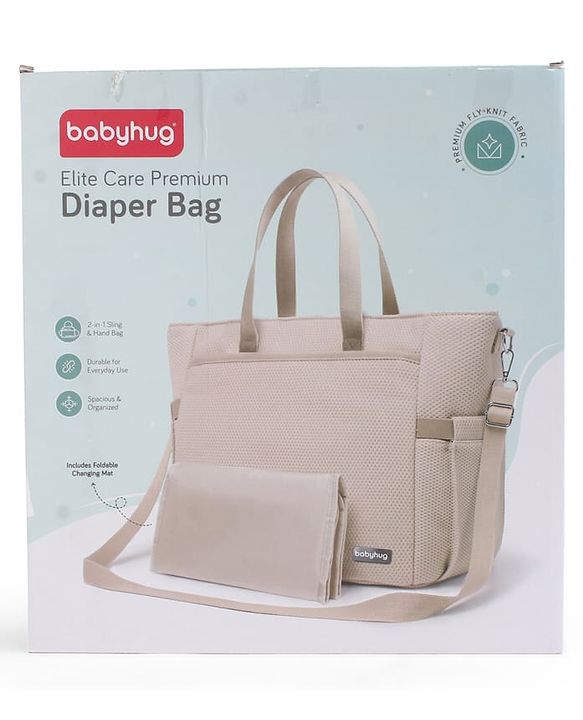 Babyhug EliteCare Premium 2 in 1 Diaper Bag with Diaper Changing Mat - Beige| Insulated Bottle Pocket| Spacious Storage Compartments| Quick-Access Front & Side Pockets| Convertible Handbag & Sling Bag