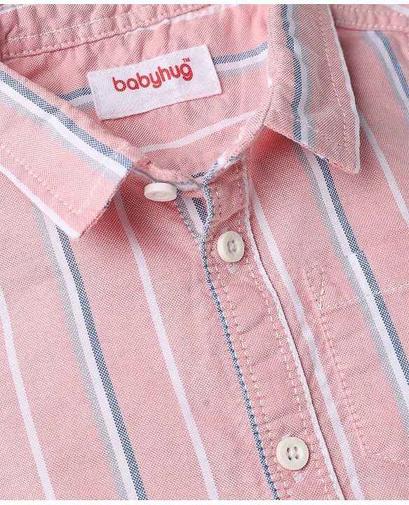 Babyhug Cotton Woven Half Sleeves Striped Shirt & Denim Shorts Set - Peach & Blue