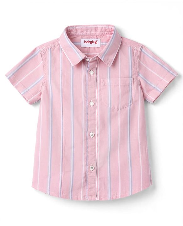 Babyhug Cotton Woven Half Sleeves Striped Shirt & Denim Shorts Set - Peach & Blue