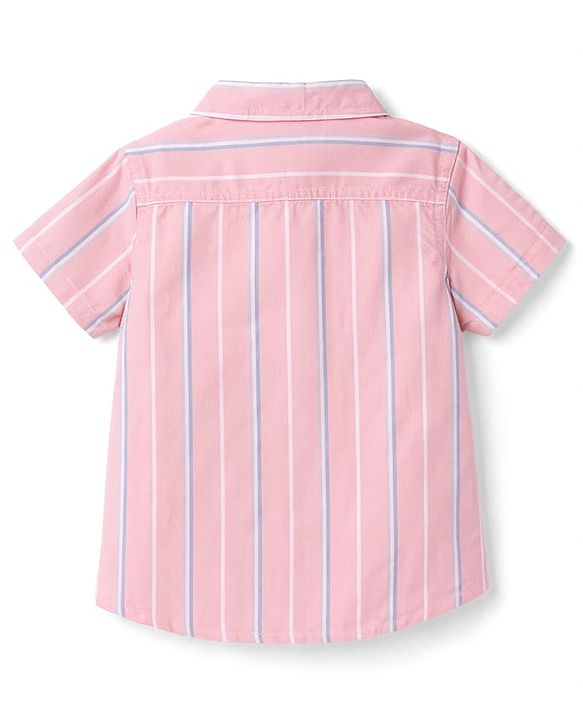 Babyhug Cotton Woven Half Sleeves Striped Shirt & Denim Shorts Set - Peach & Blue