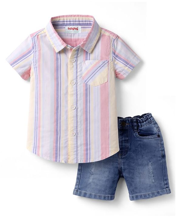 Babyhug Cotton Woven Half Sleeves Striped Shirt & Denim Shorts Set - Multicolor