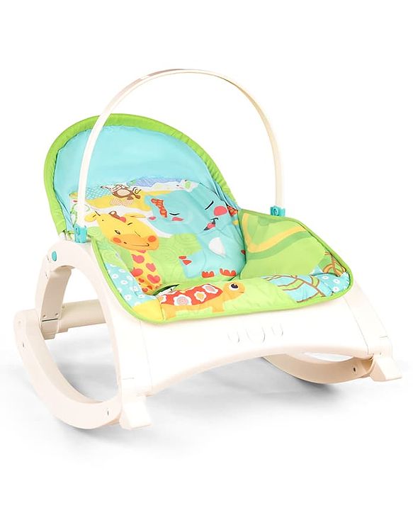 Babyhug 2 In 1 Baby Bouncer Rocker & Reclining Chair - Green| Built-in Music| Soothing Vibration| Fold-out Stand for Stable Position| Compact Fold| Safety Harness| Removable Fabric