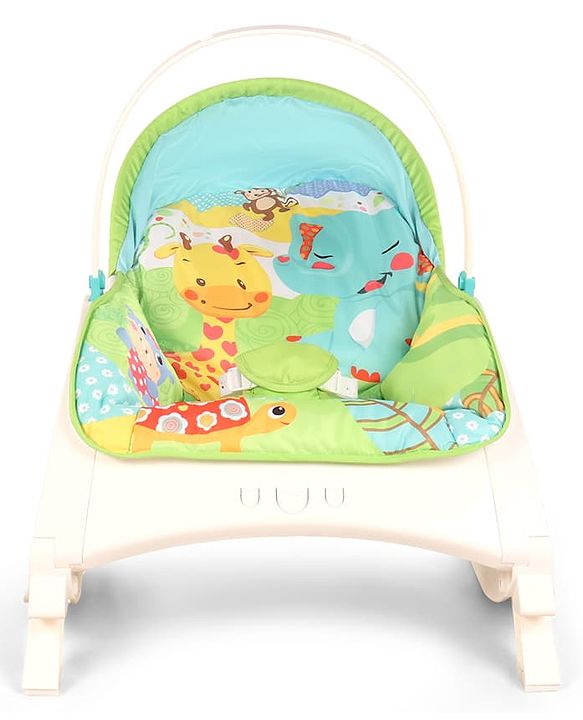 Babyhug 2 In 1 Baby Bouncer Rocker & Reclining Chair - Green| Built-in Music| Soothing Vibration| Fold-out Stand for Stable Position| Compact Fold| Safety Harness| Removable Fabric