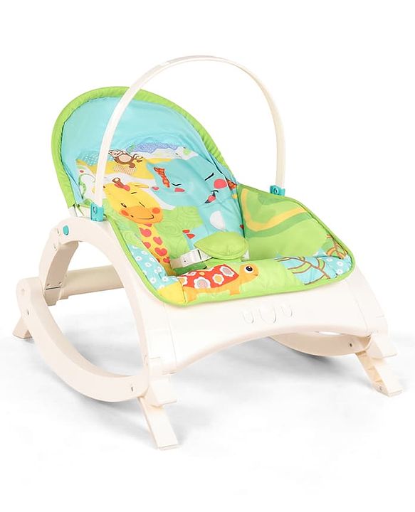 Babyhug 2 In 1 Baby Bouncer Rocker & Reclining Chair - Green| Built-in Music| Soothing Vibration| Fold-out Stand for Stable Position| Compact Fold| Safety Harness| Removable Fabric