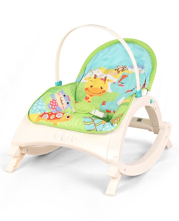 Babyhug 2 In 1 Baby Bouncer Rocker & Reclining Chair - Green| Built-in Music| Soothing Vibration| Fold-out Stand for Stable Position| Compact Fold| Safety Harness| Removable Fabric