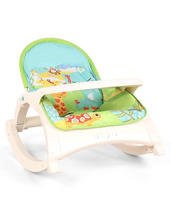 Babyhug 2 In 1 Baby Bouncer Rocker & Reclining Chair - Green| Built-in Music| Soothing Vibration| Fold-out Stand for Stable Position| Compact Fold| Safety Harness| Removable Fabric