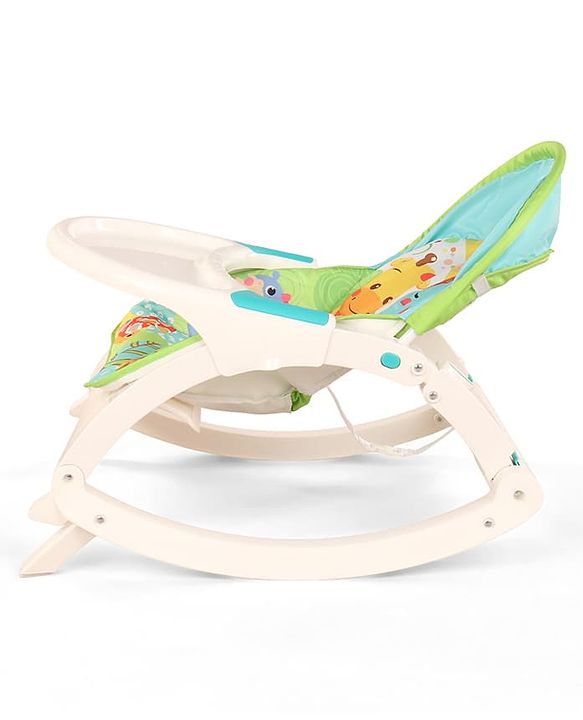 Babyhug 2 In 1 Baby Bouncer Rocker & Reclining Chair - Green| Built-in Music| Soothing Vibration| Fold-out Stand for Stable Position| Compact Fold| Safety Harness| Removable Fabric