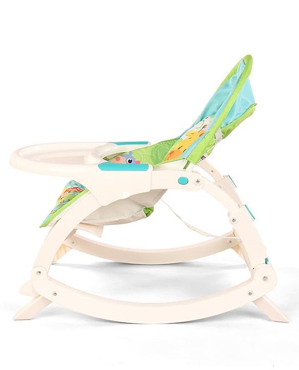 Babyhug 2 In 1 Baby Bouncer Rocker & Reclining Chair - Green| Built-in Music| Soothing Vibration| Fold-out Stand for Stable Position| Compact Fold| Safety Harness| Removable Fabric