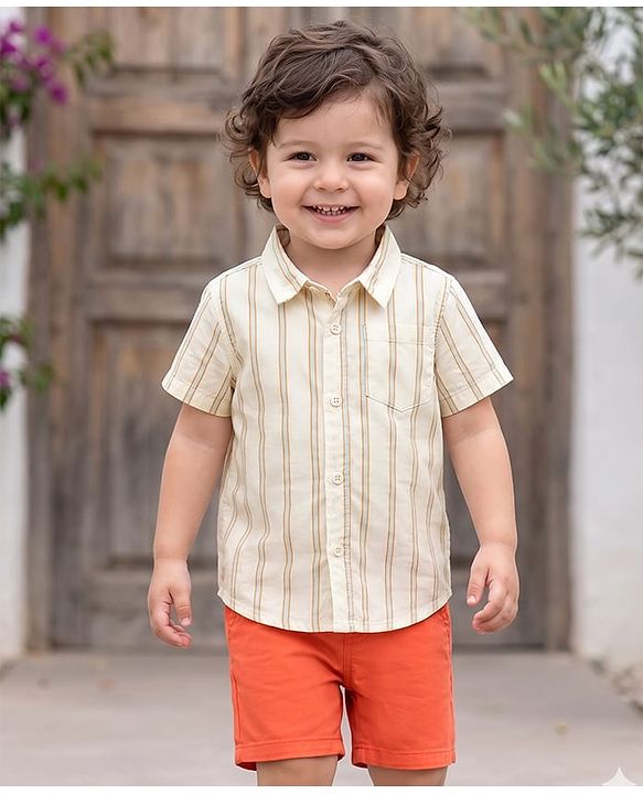Babyhug Cotton Woven Half Sleeves Striped Shirt & Shorts Set - Rust Orange