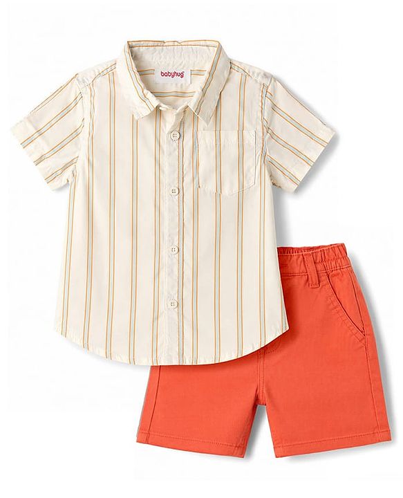 Babyhug Cotton Woven Half Sleeves Striped Shirt & Shorts Set - Rust Orange