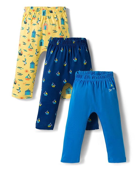 Babyhug Interlock Knit Full Length Diaper Pants with Nautical Theme Print Pack of 3 - Multicolor