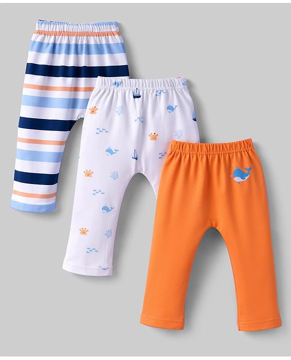 Babyhug Cotton Knit Full Length Diaper Leggings With Sea Life Print Pack of 3 - Multicolor