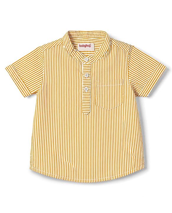 Babyhug 100% Cotton Woven Half Sleeves Striped Shirt & Denim Shorts Set - Beige