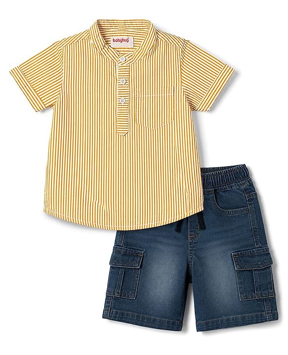 Babyhug 100% Cotton Woven Half Sleeves Striped Shirt & Denim Shorts Set - Beige