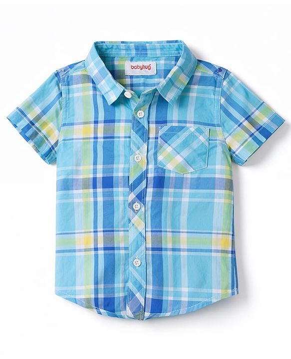 Babyhug Cotton Woven To Denim Half Sleeves Checks Shirt & Shorts Set - Multicolor