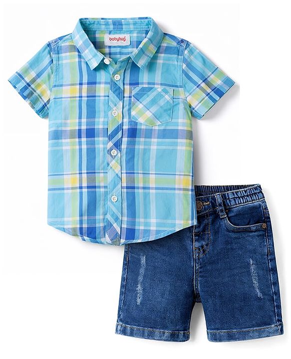 Babyhug Cotton Woven To Denim Half Sleeves Checks Shirt & Shorts Set - Multicolor