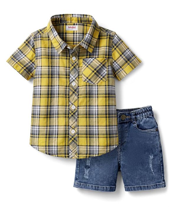 Babyhug Cotton Woven Half Sleeves Checks Shirt & Denim Shorts Set - Yellow & Blue
