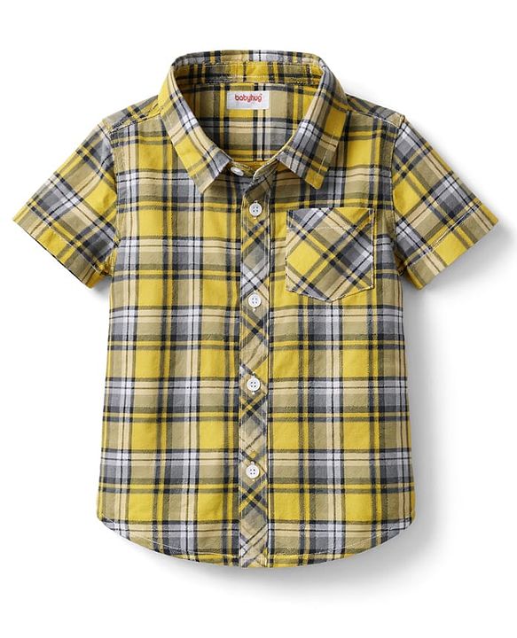 Babyhug Cotton Woven Half Sleeves Checks Shirt & Denim Shorts Set - Yellow & Blue