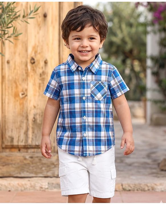 Babyhug Cotton Woven Half Sleeves Checked Shirt & Cargo Shorts Set - Multicolor